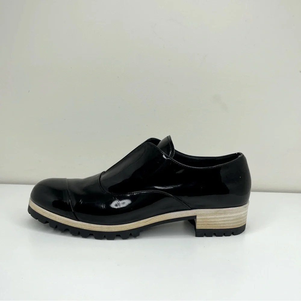 Miu Miu Black Patent Leather Derby Loafers Size 37.5 quiet luxury modern preppy